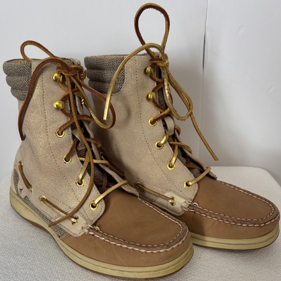Sperry Top-Sider Hikerfish Boot Women's‎ Sz 7 M Tan Gold Shimmer Sparkle Lace Up - Picture 1 of 8
